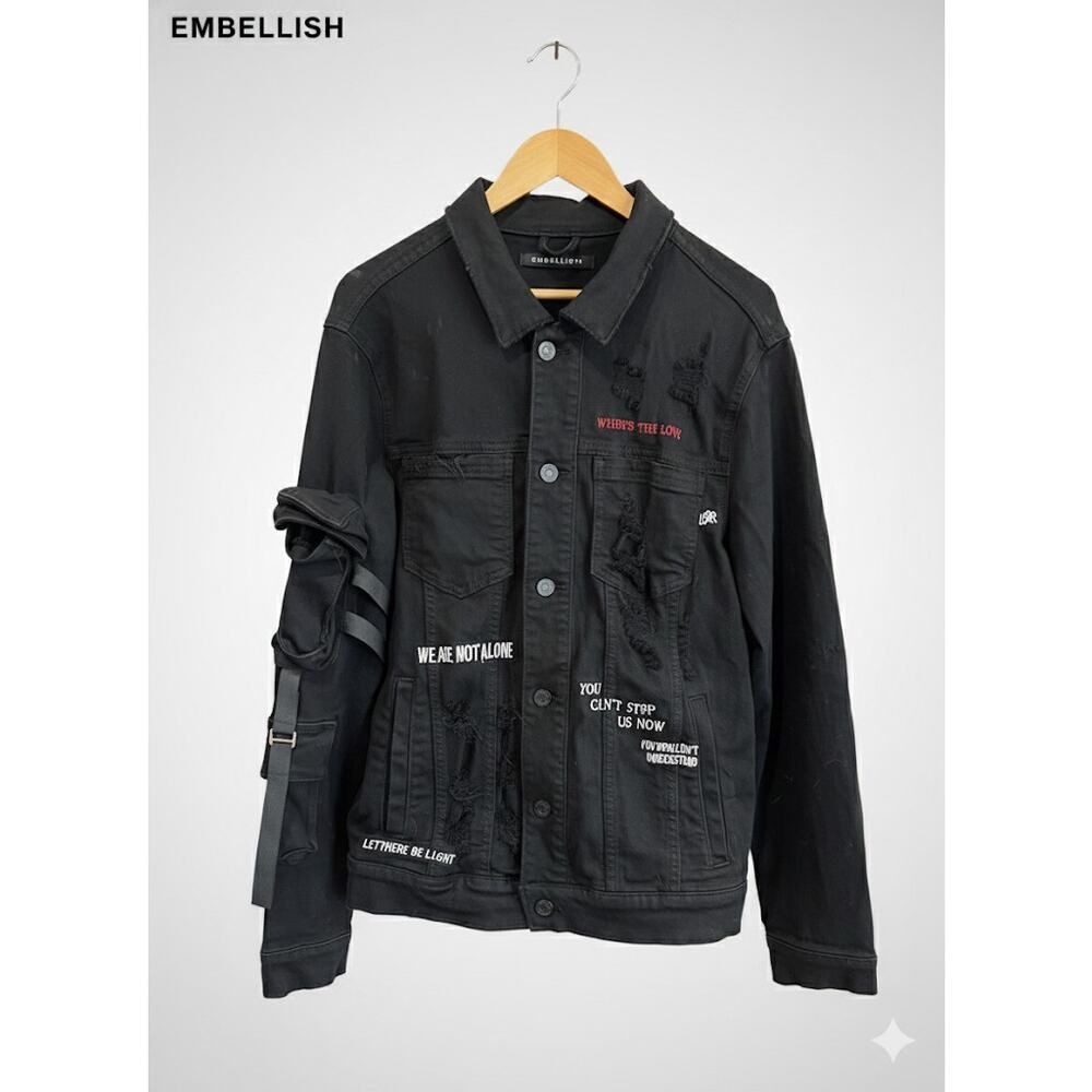 Embellish Women’s Black Stretch Denim Embroidered Pockets Vest Coat Jacket Large